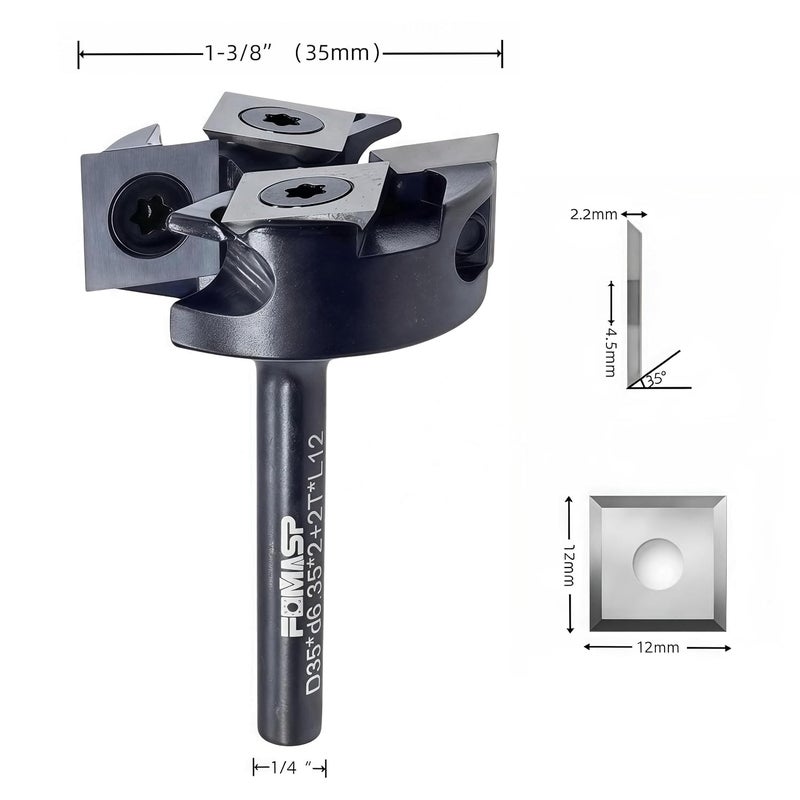 FomaSP CNC Spoilboard Surfacing Router Bit,1/4"(6.35mm) Shank,1-3/8"(35mm) Cutting Diameter,Slab Flattening Router Bit,Replaceable Carbide Inserts Wood Planer Bit with 2+2 Wings for Woodworking. - Image 2